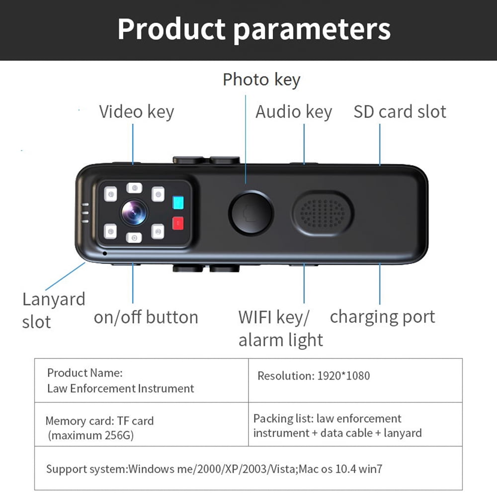 Camera 1080P WiFi Body Camera With Audio And Video Recording Wearable Body Cam Mini Camcorder With Red Blue Warning Light Night  For Law Enforcement Delivery Personal