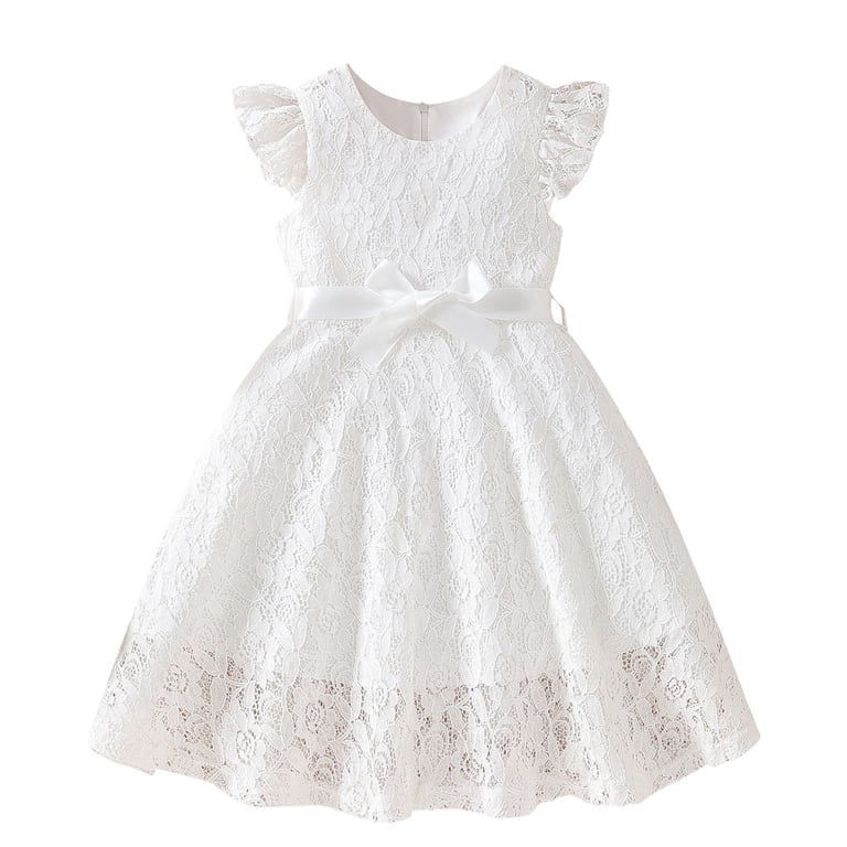 Naisibaby Girls Princess Dress, Ruffle Sleeve Lace Mesh Bow Party Pageant Dress White 3-4t