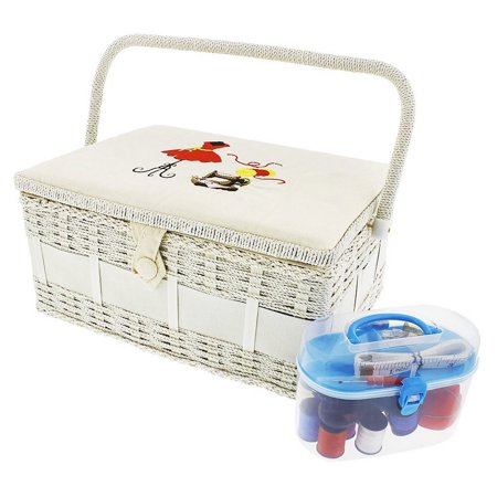 Vintage Sewing Basket Organizer Box Kit with Hand Sewing Supplies and Notions, Rectangular
