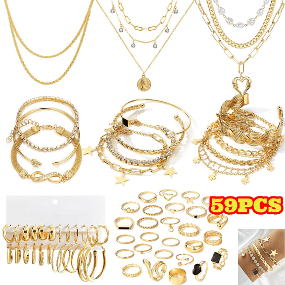 59pcs Gold Plated Jewelry for Women, Multi Layer Necklaces, Bangle Bracelets, Knuckle Rings Hoop Earrings Set Anniversary Birthday Jewelry Gift