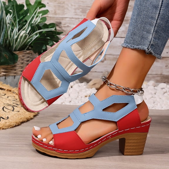 BRGZLK Summer Sandals for Women Color Block Retro Round Toe Sloping Heels Peep-Toe Versatile Cut-Out Breathable Comfort Beach Mid Heel Sandals Red 7.5