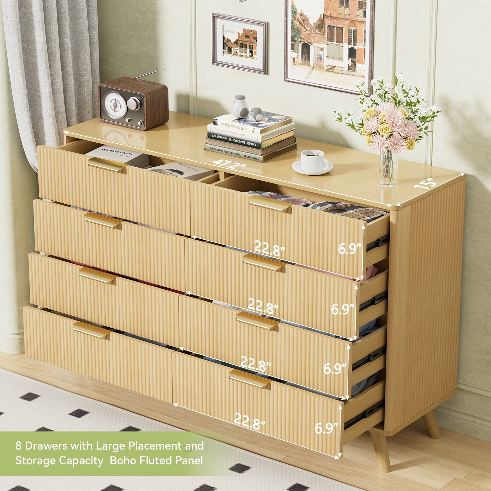 Fluted 8 Drawer Dressers for Bedroom, Wide Wooden Chest of Drawers for Living Room Entryway Hallway, Oak