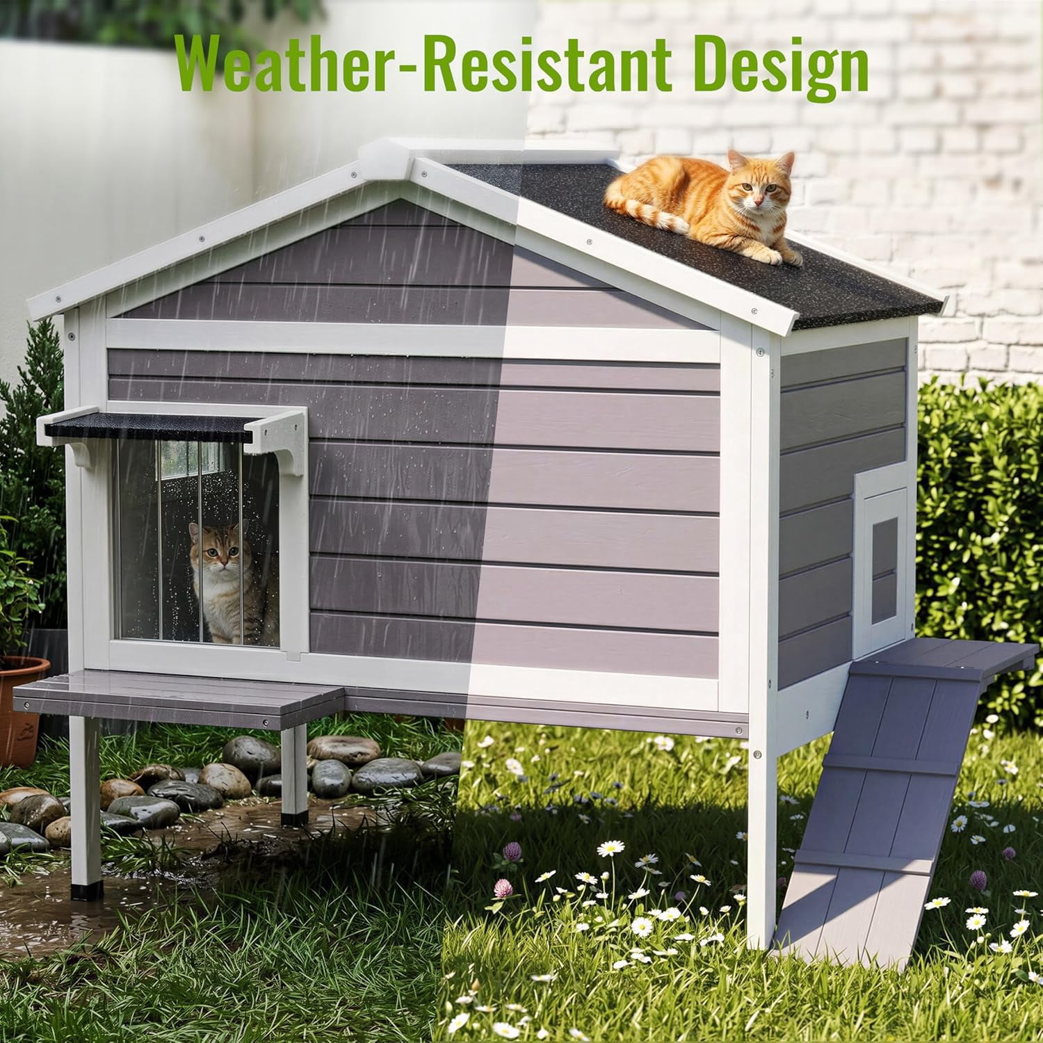 HomeSheek 32.6" Outdoor Cat House with Ramp & Side Door, Weatherproof Feral Cats Shelter Keep Safe, Easy Assembly & Cleaning, Indoor Outdoor Pet Home
