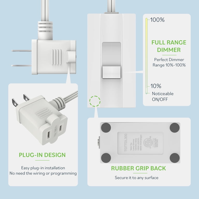 TOPGREENER Table-Top Plug-In Dimmer Switch – 6Ft Cord, Slide Control For Lamps, Works With 360W Incandescent & 150W Dimmable LED, White