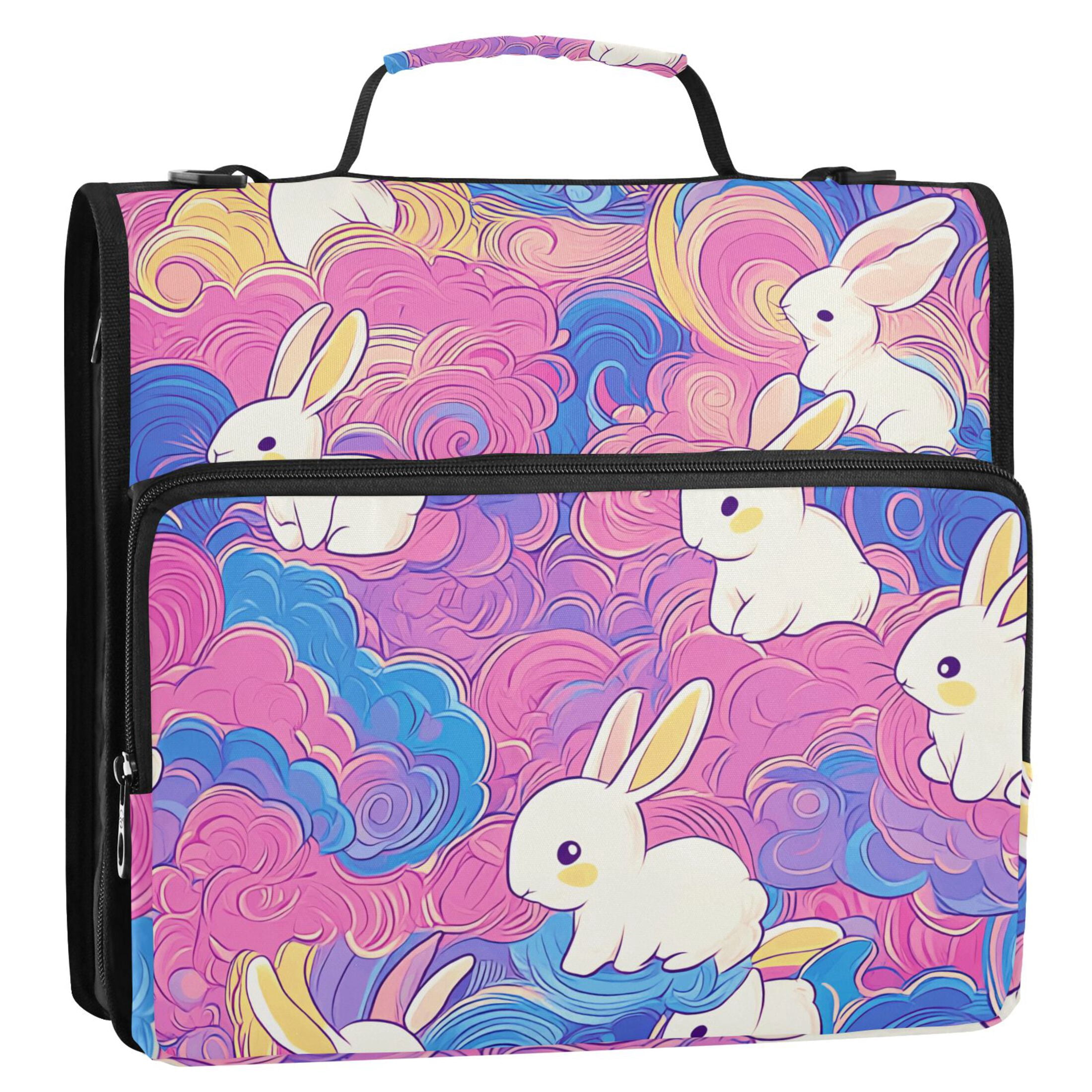 3 Ring Zipper Binder with Shoulder Strap Waterproof Trapper Keeper 2 Inch D-Ring 500 Sheets Capacity Colorful Cloud with Cute Bunnies