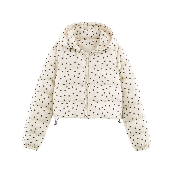 Leidass Womens Polka Dot Hooded Padded Jacket Cropped Elastic Cuff Full Zip Fall Winter Coat Beige L