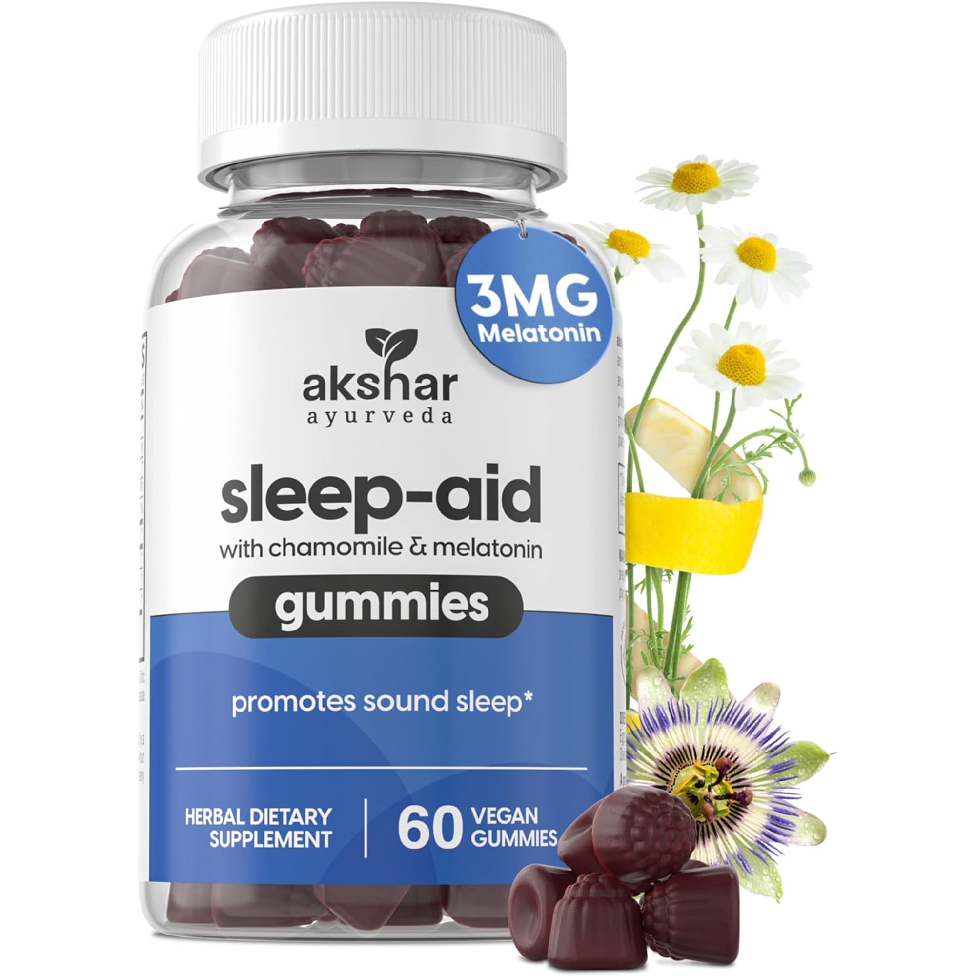 AKSHAR AYURVEDA Chamomile and Melatonin Gummies Sleep Aids for Adults, 60 pcs