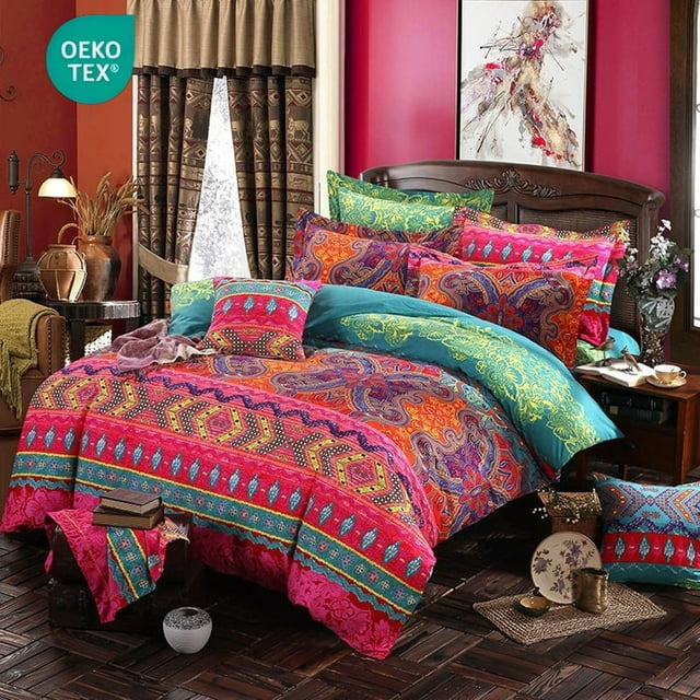 JOLUSERE Bohemian Ensemble de Housse de Couette Boho Format Simple, 2 Pcs Rétro Bohemian Mandala Rayé Ensembles de Housse de Couette, Rouge Coloré