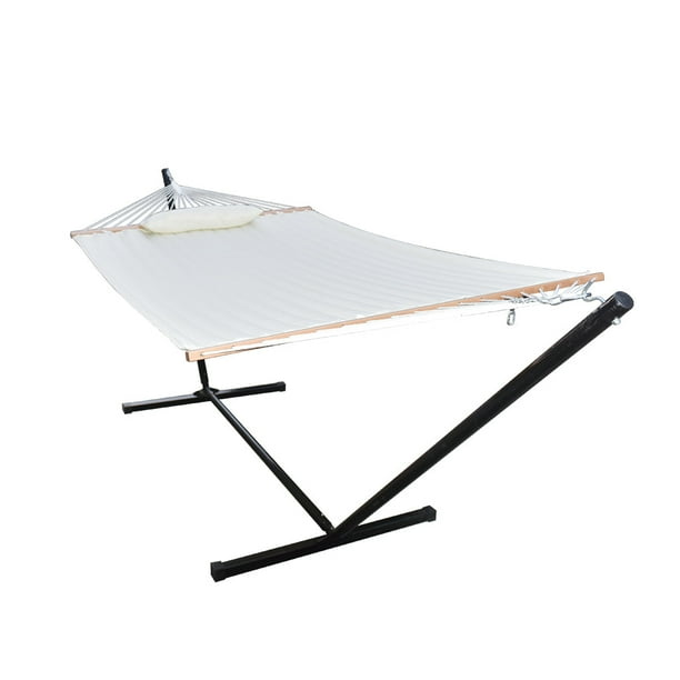 12Ft Double Wide Hammock with Steel Stand, Quilted Fabric, and Pillow