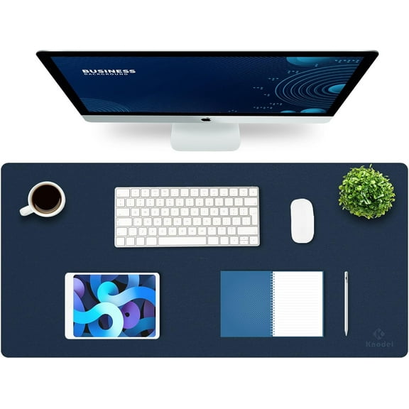 Large Office Leather Desk Mat, Mouse and Keyboard Pad, Computer and Laptop Mat, Desktop Protector and Cover, Writing Pad and Blotter (35.4"x17", Dark Blue)