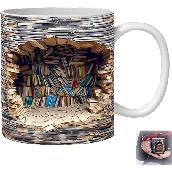 Sherum 3D Mug, Yifare 3D Mug, 3D Bookshelf Mug, A Library Shelf Cup, 3D Bookshelf Coffee Mug for Book Lovers, Creative Space Design Multi-purpose Ceramic Mug, Book Lovers Coffee Mug (Brown)