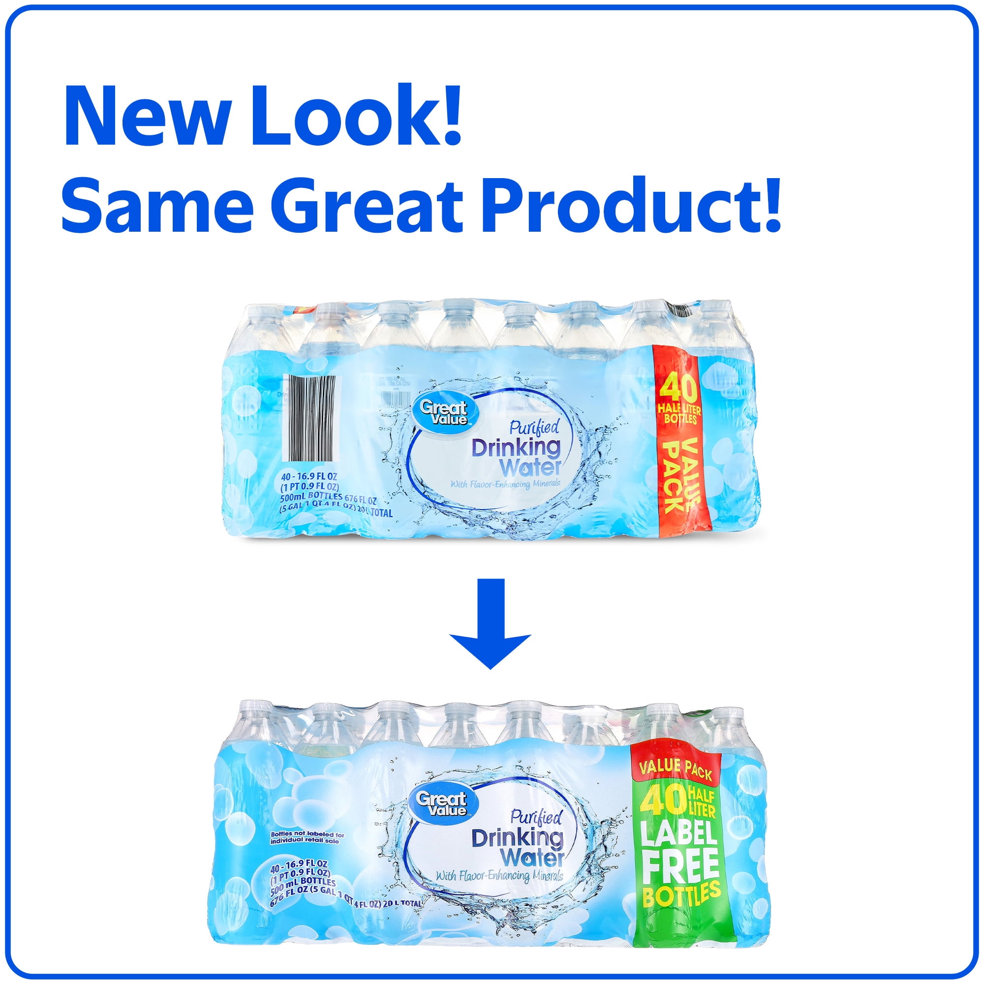 (2 pack) Great Value Purified Drinking Water, 16.9 fl oz Bottles, 40 Count Pack