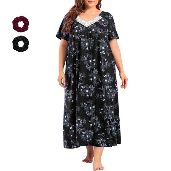 Loritta Plus Size Nightgowns for Women House Dress Short Sleeve Loungewear Floral Print V-Neck Moomoo Nightgowns Sleepwear XL-5XL