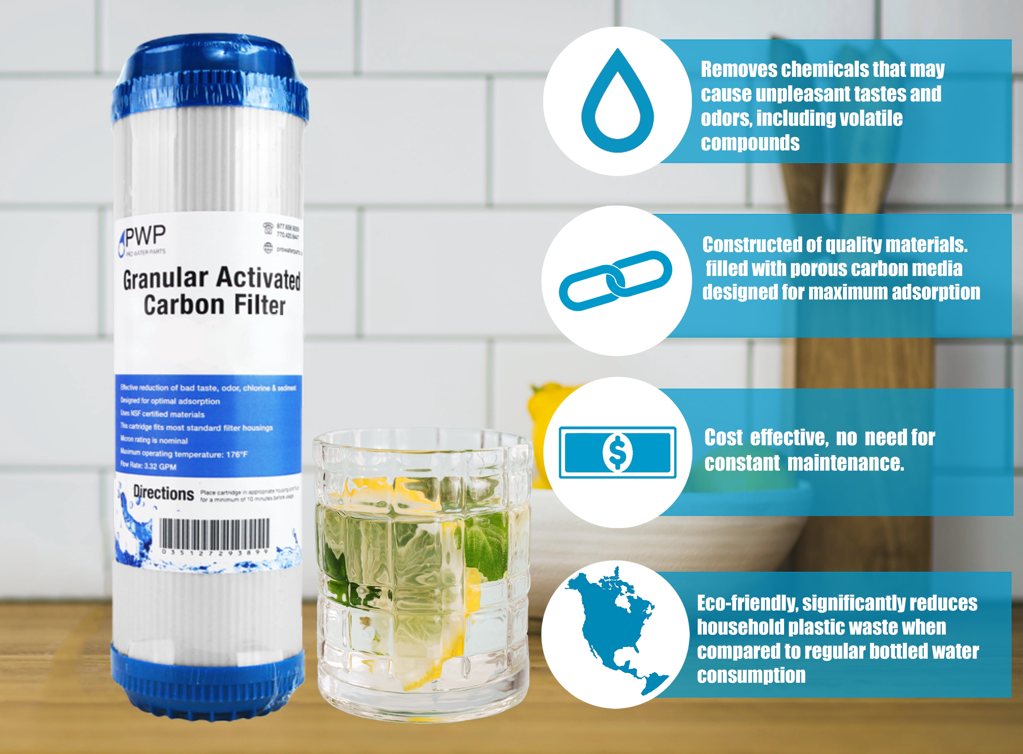 Granular Activated Carbon Water Filter Cartridge Standard 2.5 x20" 10 Micron 4 pack
