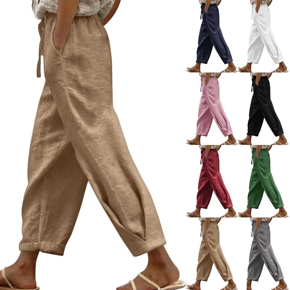 Yourumao Linen Barrel Pants for Women Drawstring Elastic Waist Pants Lightweight Solid Cropped Trousers Loose Leisure Beach Pants with Pocket