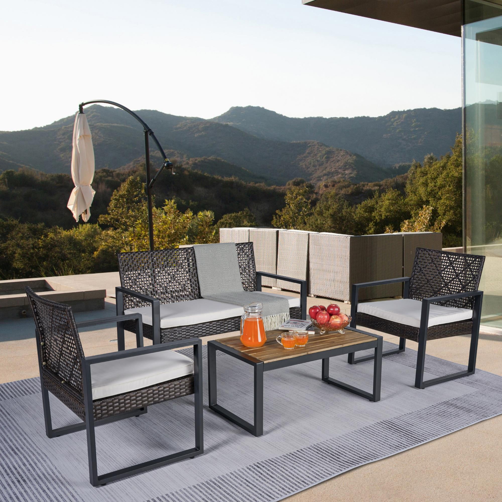 4 Piece Outdoor Patio Set Backyard Rattan Table Set Cushioned for 4 All weather Conversation Set with Table for Porch Furniture for Garden Lawn
