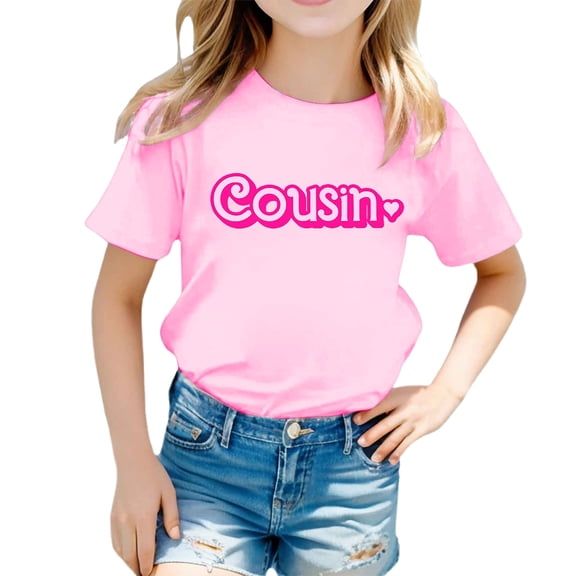 Trendfront Girls Cousin T Shirts Crewneck Cute Family Gathering Theme Letter Print Short Sleeve T-Shirts Summer Casual Daily Outfits