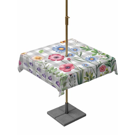 Outdoor Tablecloth with Umbrella Hole for Patio/Picnic/Party/Camping, Spring Floral Waterproof Table Cloth Square Cover Washable, Grey Plaid Pink Blue Flowers Butterfly (54"x 54")