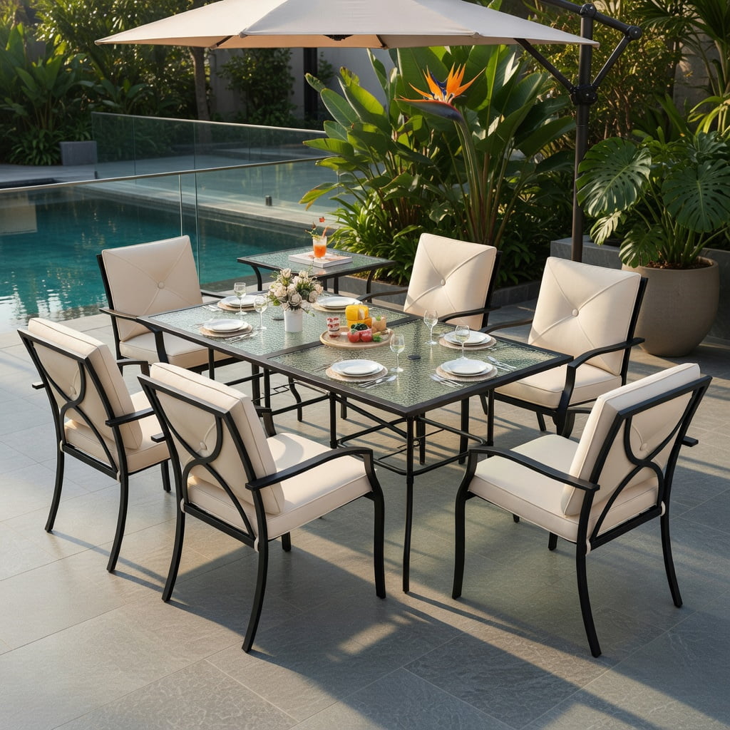 Hommoo 2-Pack Stackable Metal Outdoor Dining Chairs with Armrests, Olefin Cushions, Ergonomic Patio Seating for Backyard BBQs and Alfresco Dining, Beige & Black