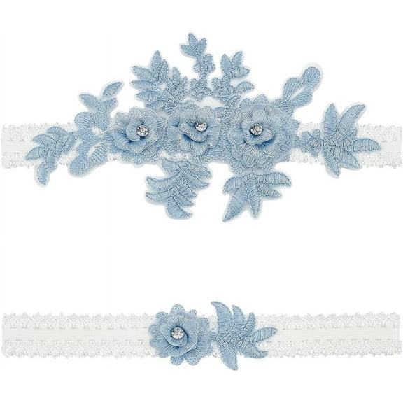 2Pcs Wedding Garter Accessories Lace Elastic Bridal Garters 3D Flower Blue Bridal Stocking Ornaments with Acrylic Rhinestone