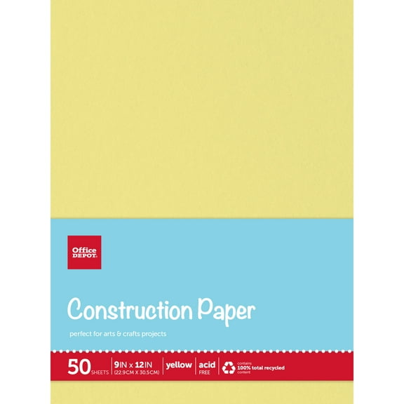 Office Depot® Brand Construction Paper, 9" x 12", 100% Recycled, Yellow, Pack Of 50 Sheets