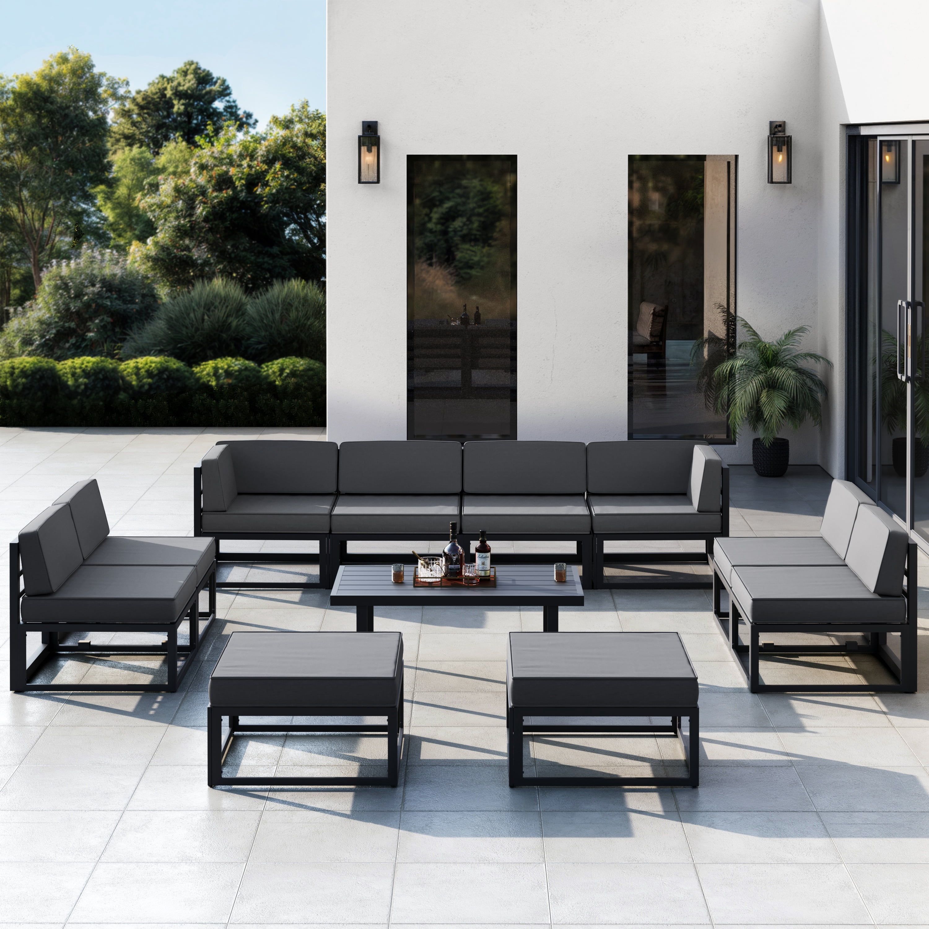 ELPOSUN Aluminum Patio Furniture Set, 11 Pieces Modern Metal Outdoor Furniture, Faux Wood Grain Finish Frame Patio Sofa Sets with 6" Cushion for Backyard, Gray (Included Waterproof Covers)