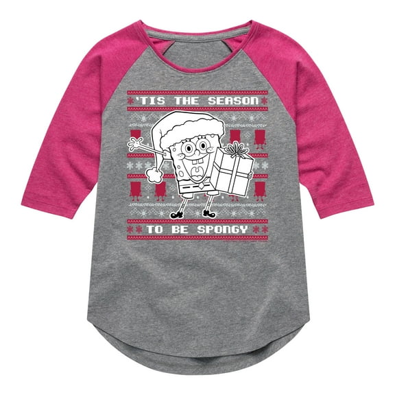 SpongeBob SquarePants - Spongebob Xmas Sweater - Toddler & Youth Girls Raglan Graphic T-Shirt