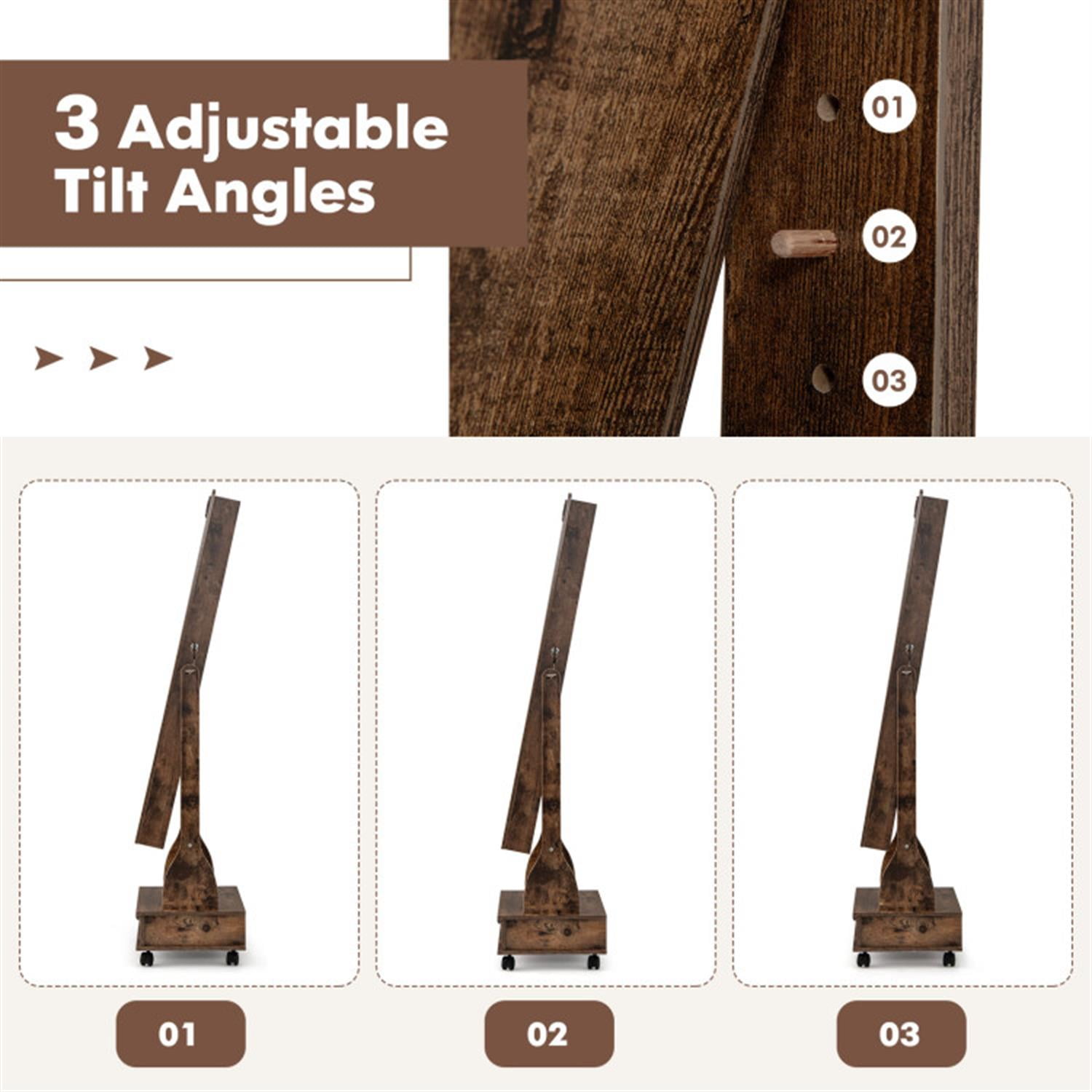 Demi Bonn Freestanding Rolling Floor Standing Mirrored Jewelry Armoire with Lock and Drawers, Lockable Makeup Storage Organizer, Brown