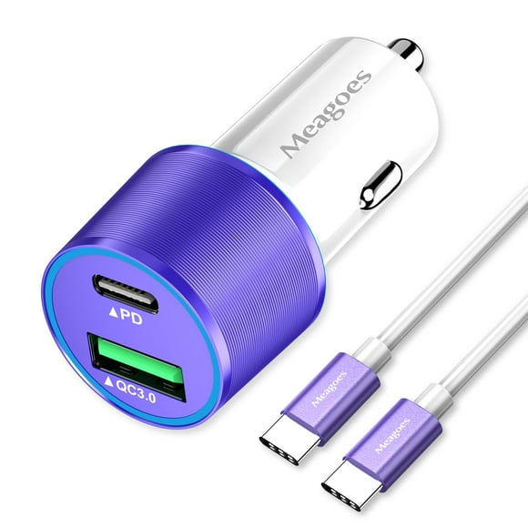 Cargador de coche Meagoes Purple USB C, 48 W, 2 puertos PD&QC3.0, 3.3 pies