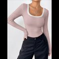 thumbnail image 4 of Camisas de Larga con Cuello Redondo para Mujer, Blusas Informales de Punto Acanalado de Corte Ajustado, Camisetas Básicas de Trabajo para Verano y Otoño. Rosa M, 4 of 8