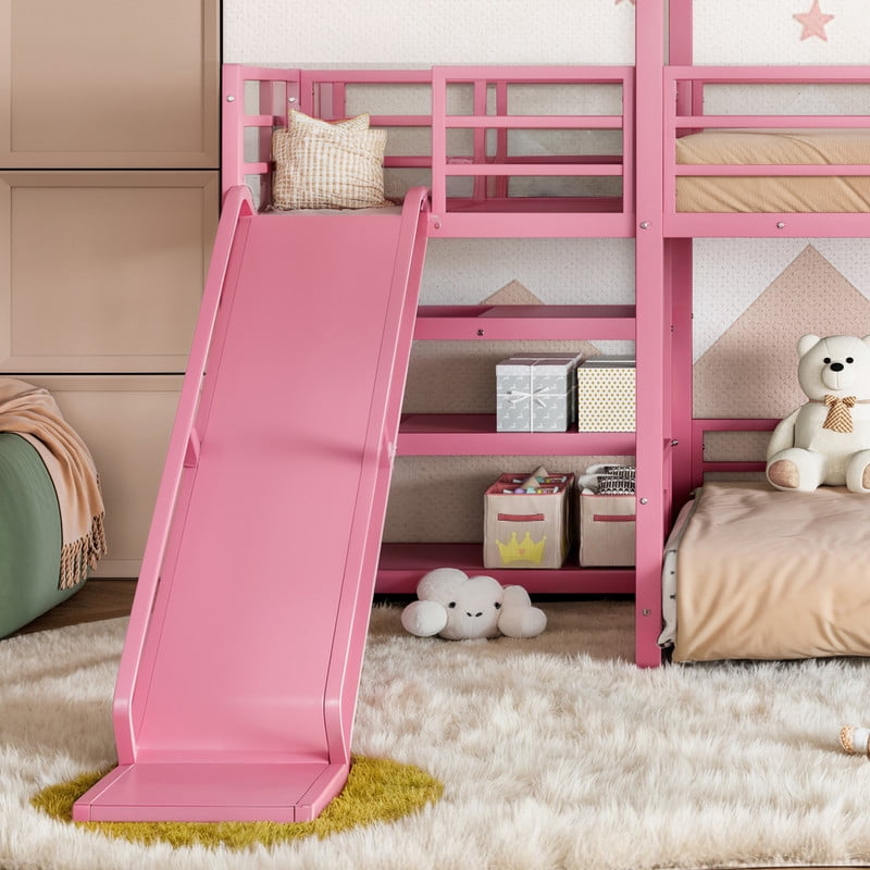 Twin-Over-Twin Metal House-Shaped Bed Frame with Multi-Functional Storage Stairs, Kids Bunk Bed with Slide