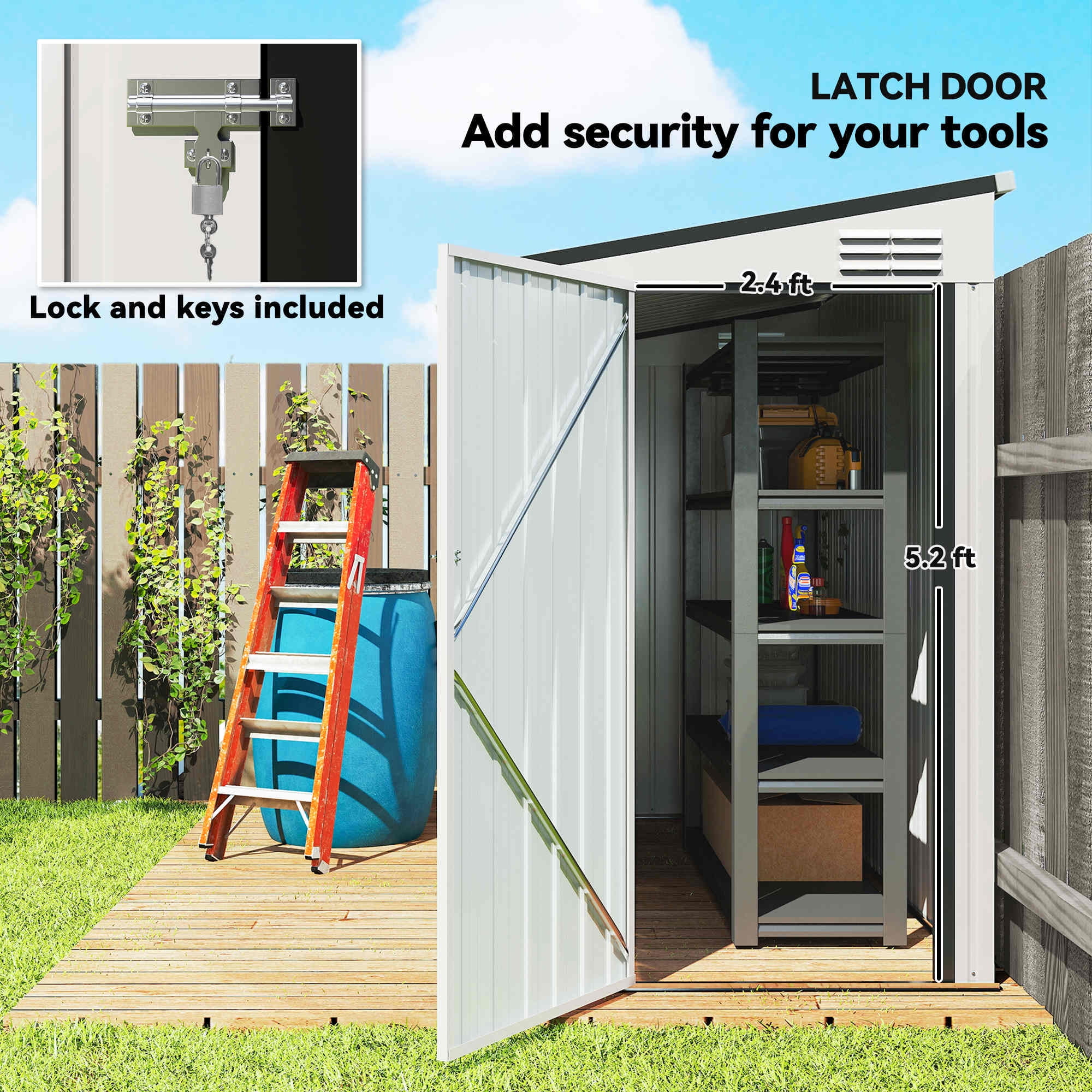Outsunny Steel Storage Shed with Locking Door, 4'x7.7', White, Galvanized