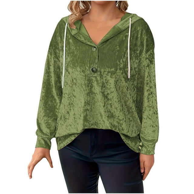 WRKEKC Womens Velvet Jacket Hooded Solid Color Casual Button Front Long Sleeve Drawstring Waist Winter Blazer