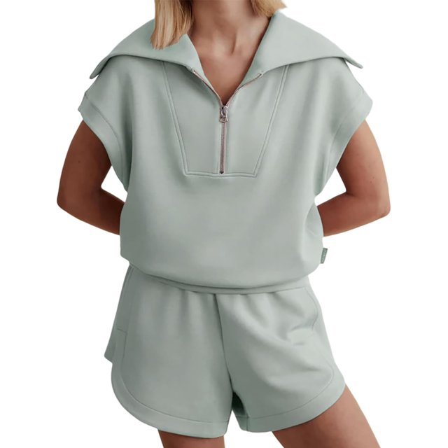 Women Two Piece Outfits Tracksuit Half Zip Lapel Cap Sleeve Sweatshirt High Waist Drawstring Shorts Set Sweatsuit
