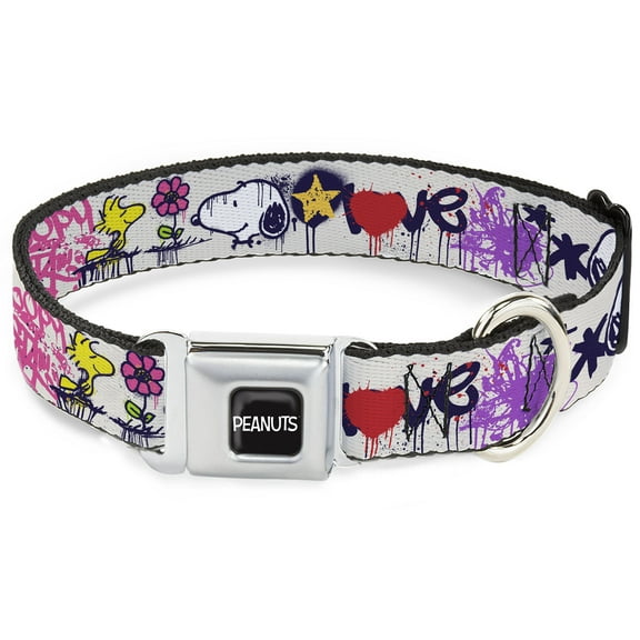 Peanuts Worldwide LLC Pet Collar, Dog Collar Metal Seatbelt Buckle, Peanuts Snoopy and Woodstock Graffiti Collage Multi Color, 9.5 to 13 Inches 1.0 Inch Wide