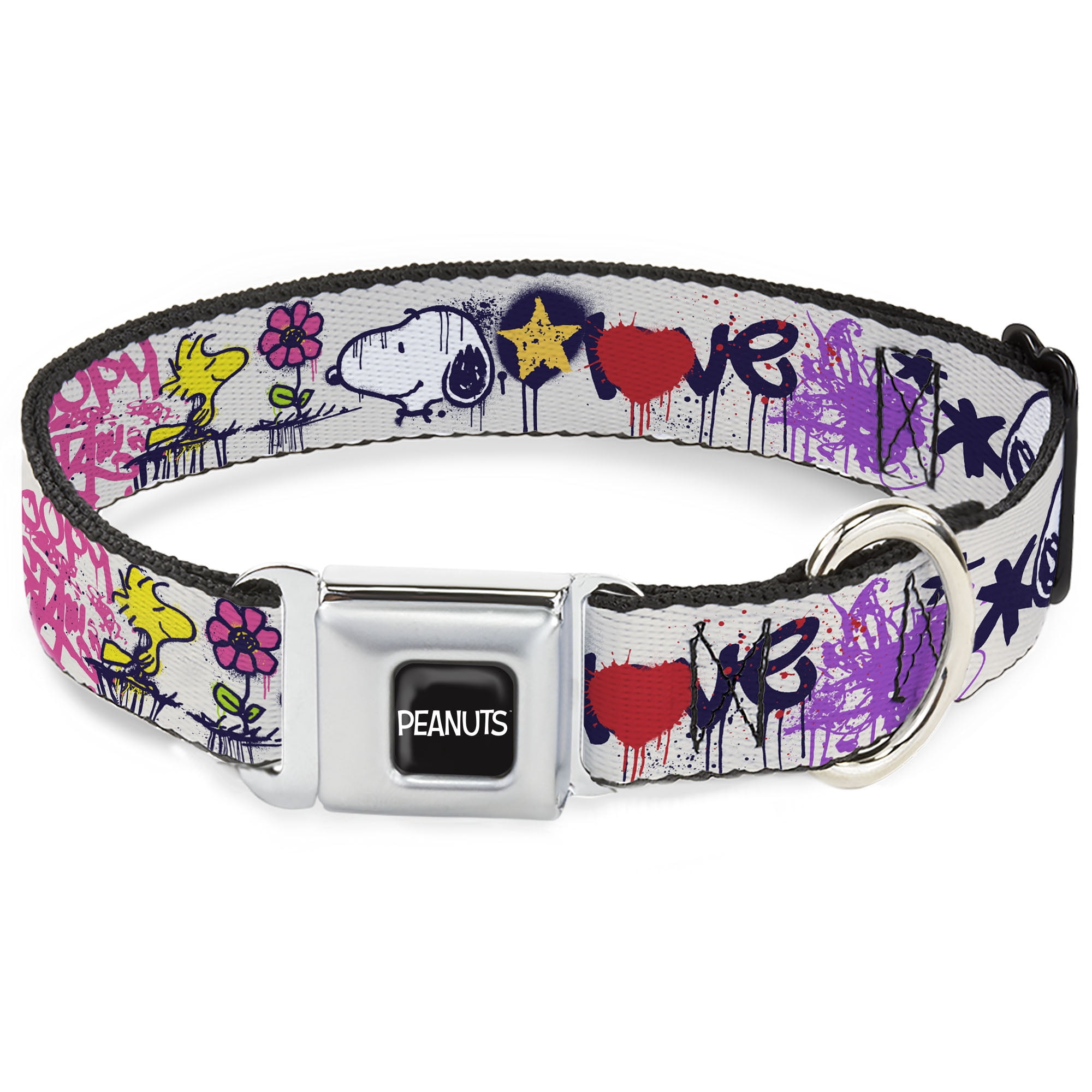 Peanuts Worldwide LLC Pet Collar, Dog Collar Metal Seatbelt Buckle, Peanuts Snoopy and Woodstock Graffiti Collage Multi Color, 9.5 to 13 Inches 1.0 Inch Wide