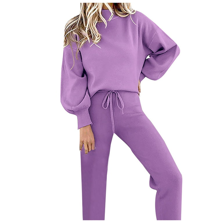 SKSloeg Womens Sweatsuit 2 Piece Outfits Sweatsuit Long Sleeve Lace-up  Pullover Sweatshirt Joggers Pants Casual Tracksuit Set with Pockets Purple S