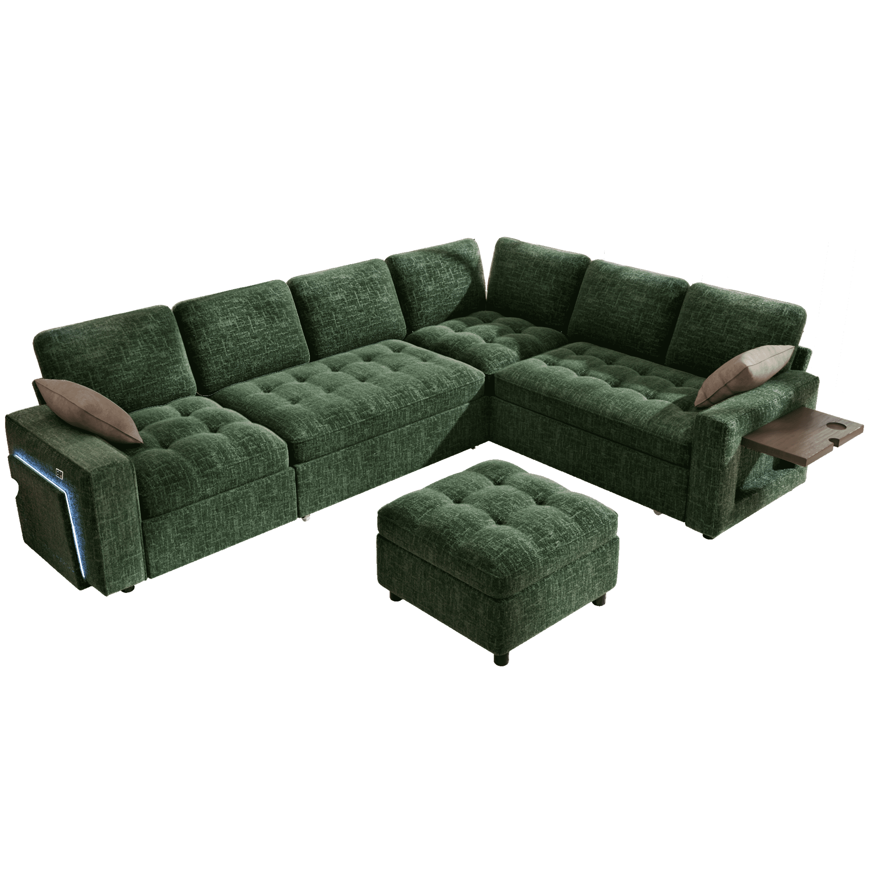 7-Seat Modular Sectional Sofa with Pull-Out Bed, Reclining Backrest, USB Ports, Table, LED Lights & Storage Seats – Tool-Free Assembly, Comfortable Living Room Furniture Green