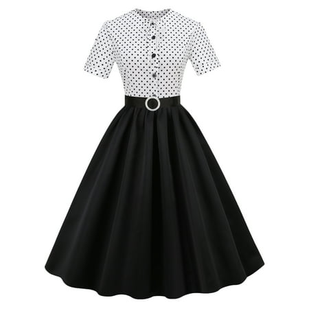 

Maxi Dress for Women Summer Dress Woman Fashion Retro Dot Stitching Pleated Puffy Bow Short-sleeved Round Neck Mid-length Holiday Two-piece Dress on Clearance Sundresses for Women White 2XL