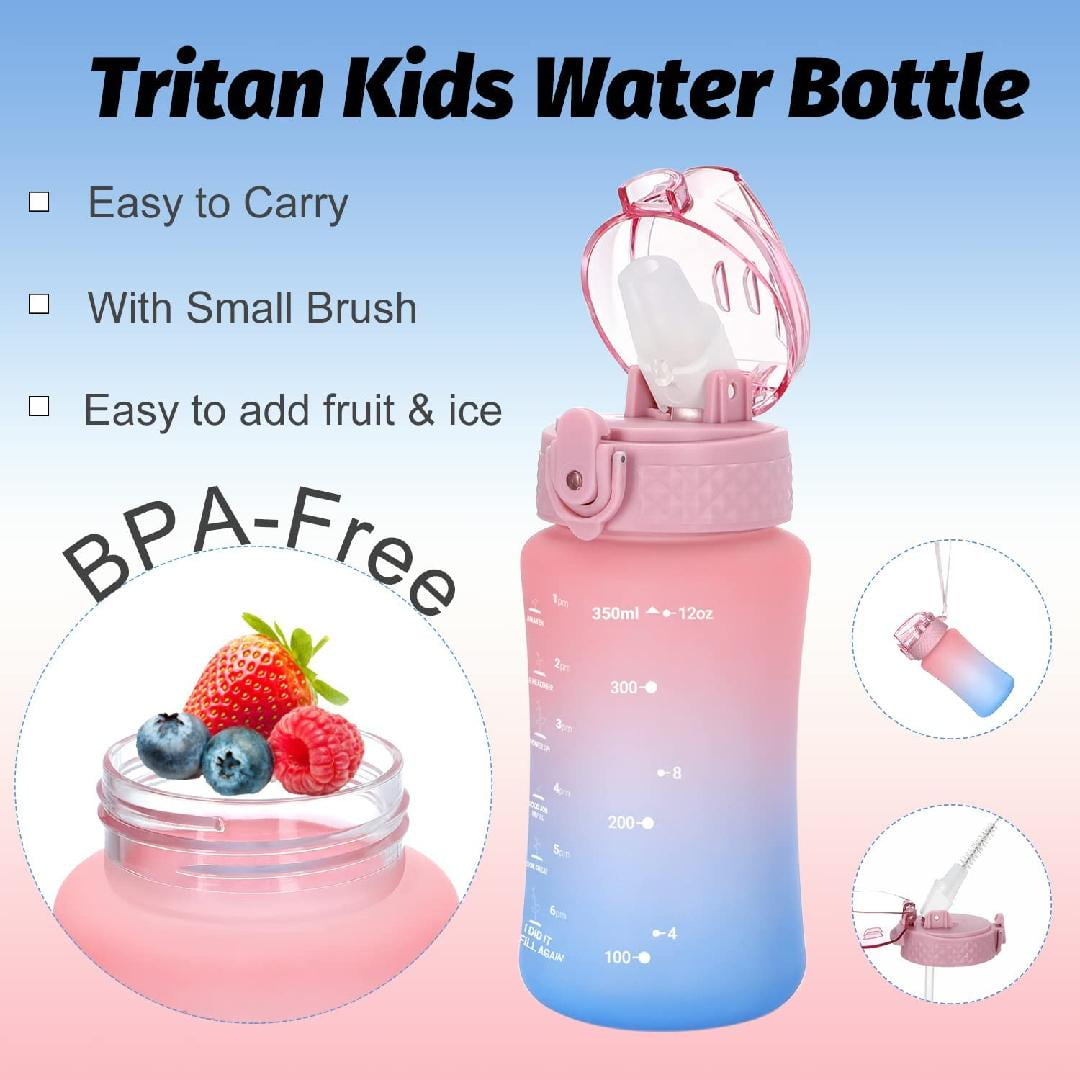 Kids Water Bottle with Straw & 10 Stickers 12 oz BPA Free Reusable  Motivational Water Bottles with Time Marker/Measurements Leak-proof  One-click-open Easy to Carry & Use for Toddler Boys Girls School 