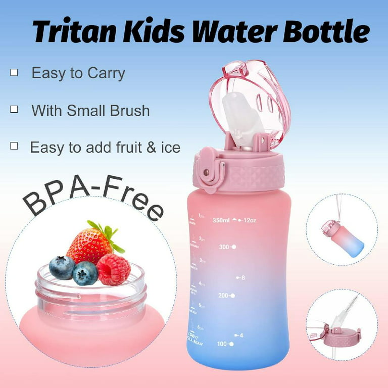 Oldley Kids Water Bottle 12 oz BPA Free Reusable Motivational Water Bottles  with Time Marker Straw/Chug 2 Lids/Fruit Strainer/ Leak-proof for Toddler