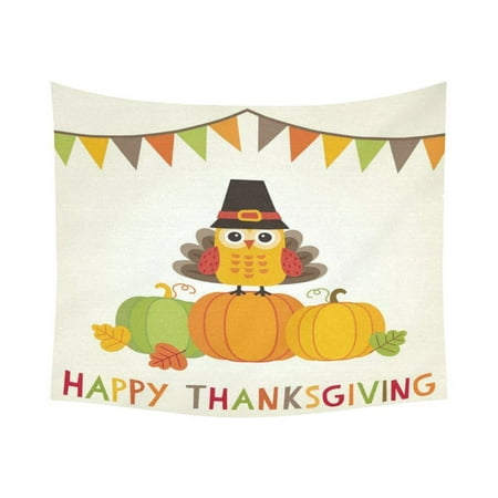 Owl Decor For Bedroom GCKG Flags Cute Owl Turkey Happy Thanksgiving Day Tapestry Horizontal Wall Hanging Celebration Holiday Wall Decor Art for Living Room Bedroom Dorm Cotton Linen Decoration 51 x 60 Inches ()
