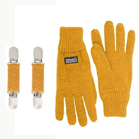 SANREMO Unisex Kids Knitted Fleece Lined Warm Winter Gloves and Glove Clips set (4-7, Mustard)