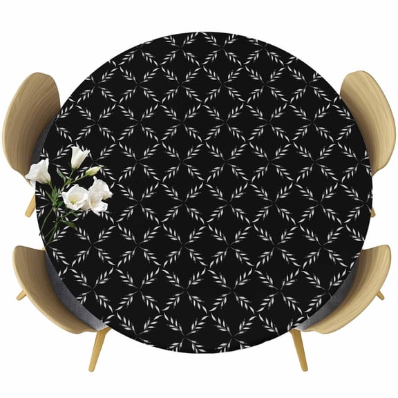 Round Table Cover 55-60 Inch Black Morocco Waterproof Reusable Table Cloth Round Fitted Vinyl Tablecloth with Elastic Edged for Parties Outdoors, Geometric Leaf Diamond Lattice Abstract
