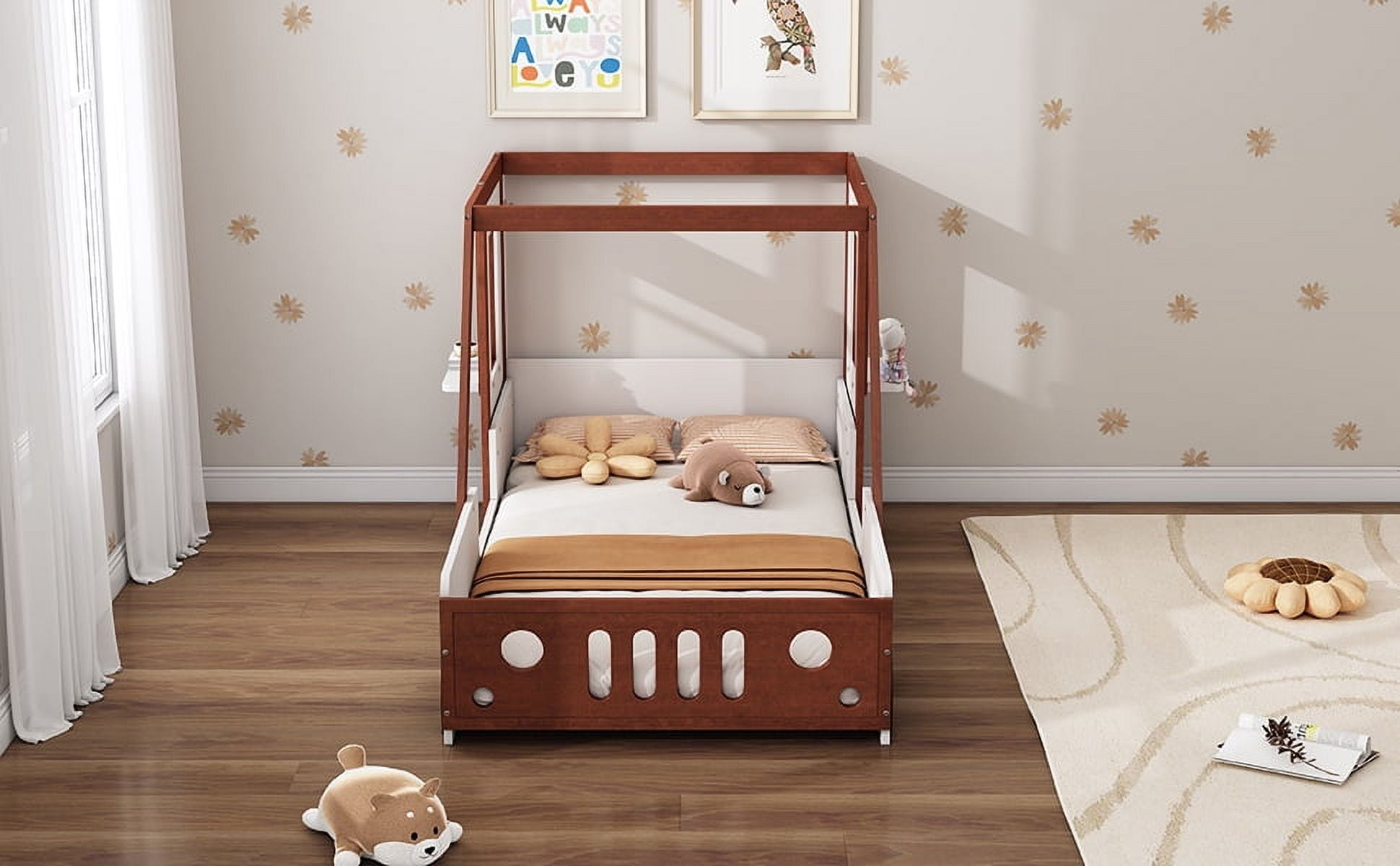 Twin Size Fun Play Car Bed in White+Orange, Solid Wood and MDF Frame, Kids Platform Bed for Boys, Girls and Teens