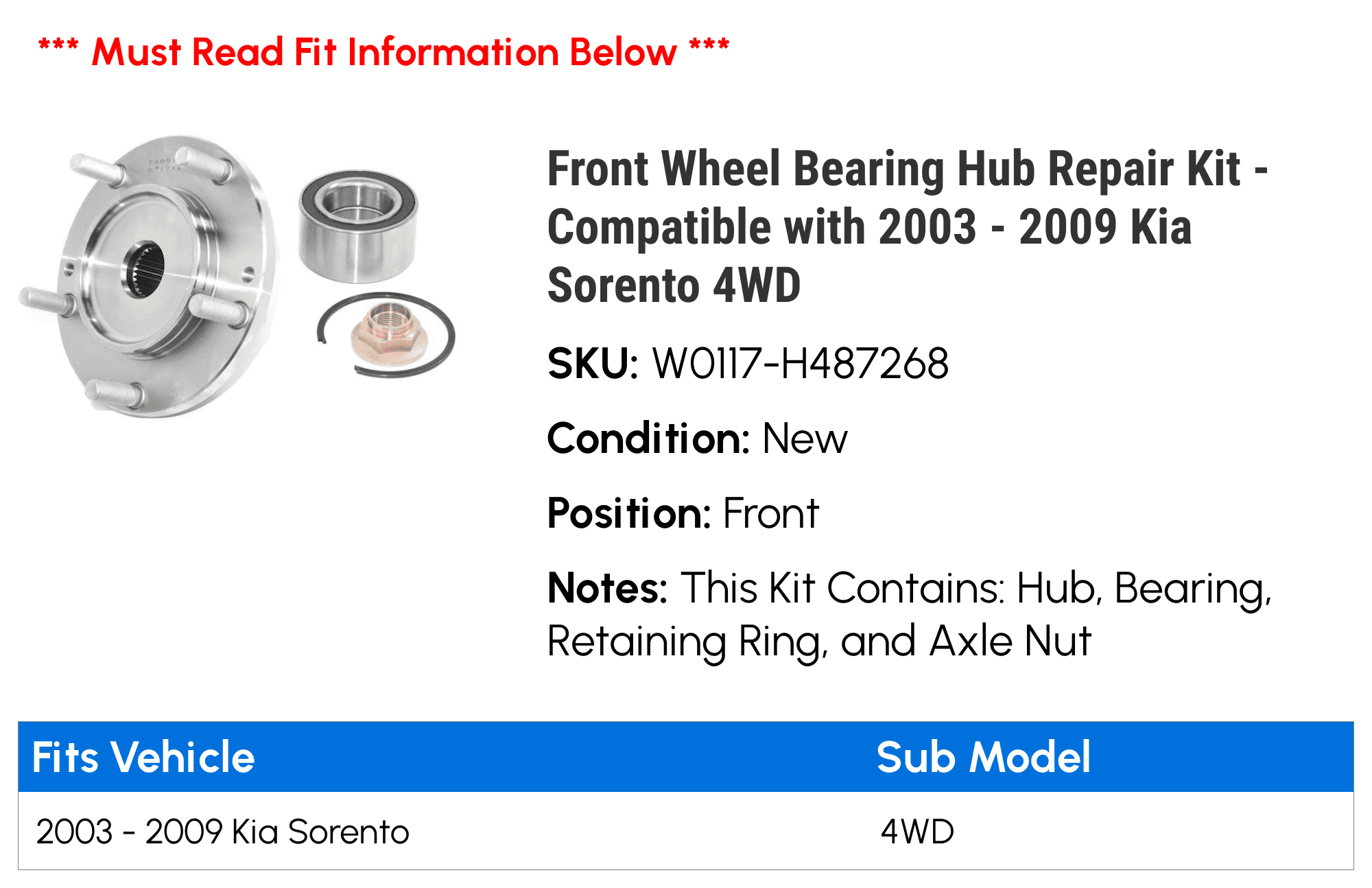 FRONT WHEEL HUB BEARING ASSEMBLY FOR 2006-2009 KIA SORENTO 2WD RWD W ABS EACH