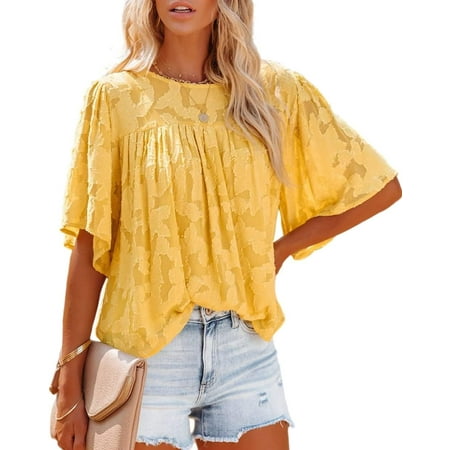 Womens 3/4 Bell Sleeve Blouse Summer Crewneck Lace Tops Floral Textured Babydoll Shirts