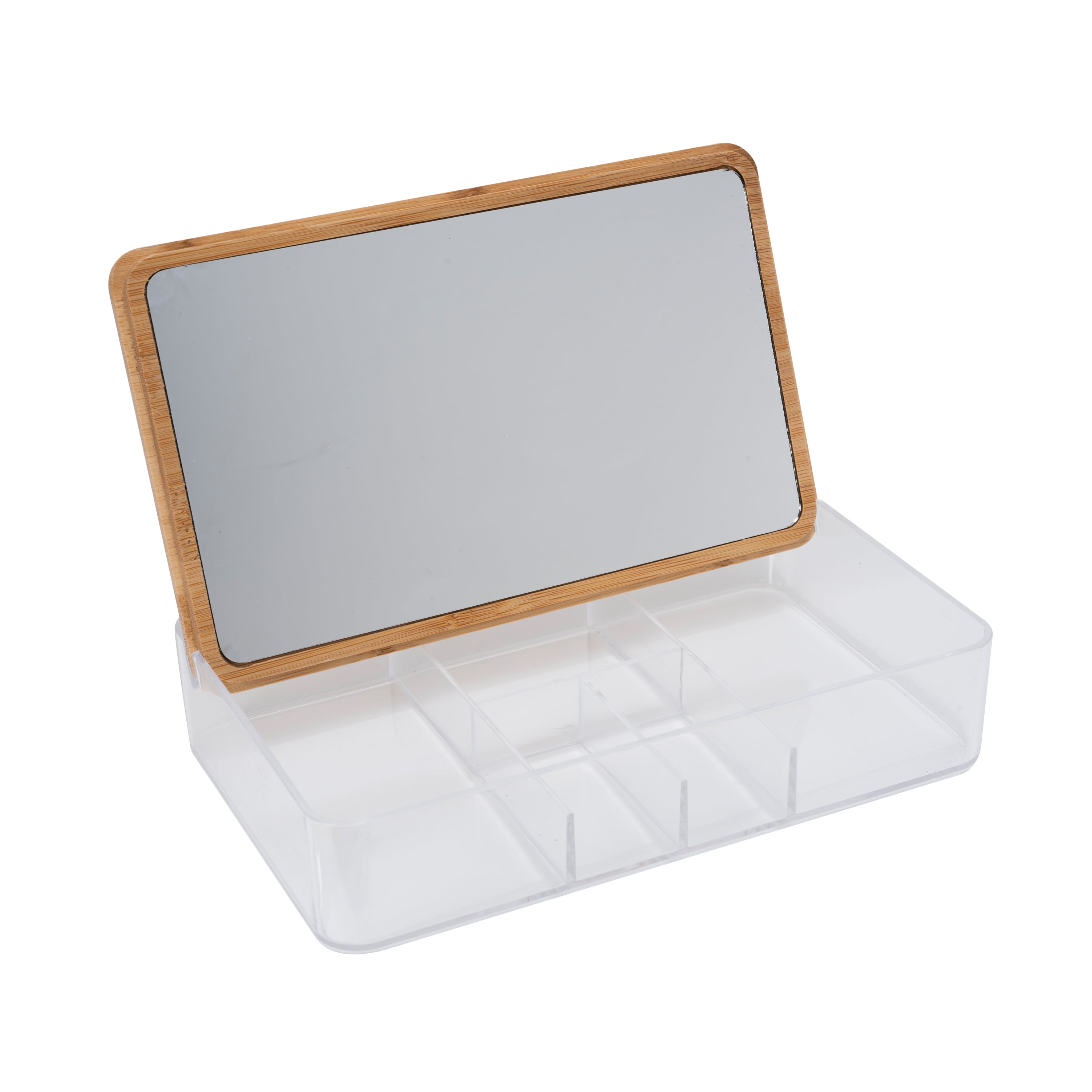 Simplify 5 Compartment Clear Organizer Jewelry Box with Bamboo Lid & Mirror