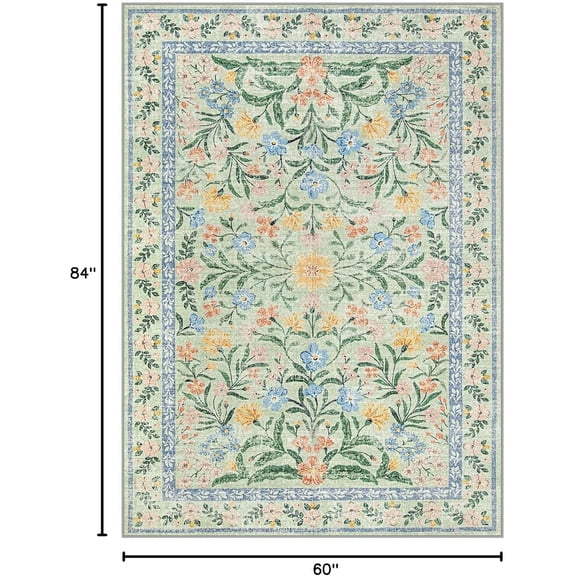 Washable Area Rugs 5x7 for Living Room, Boho Floral Green and Pink Nursery Rug Non Slip, Soft Vintage Flower Indoor Floor Carpet for Bedroom Dining Room, Sage Green