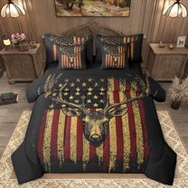 Homewish Safari Deer 7-Piece Twin Bedding Sets,Retro American Flag Bedding Comforter Set,Jungle Wildlife Sheet Sets For Boys Kids,Ultra Soft Home Decor Reversible